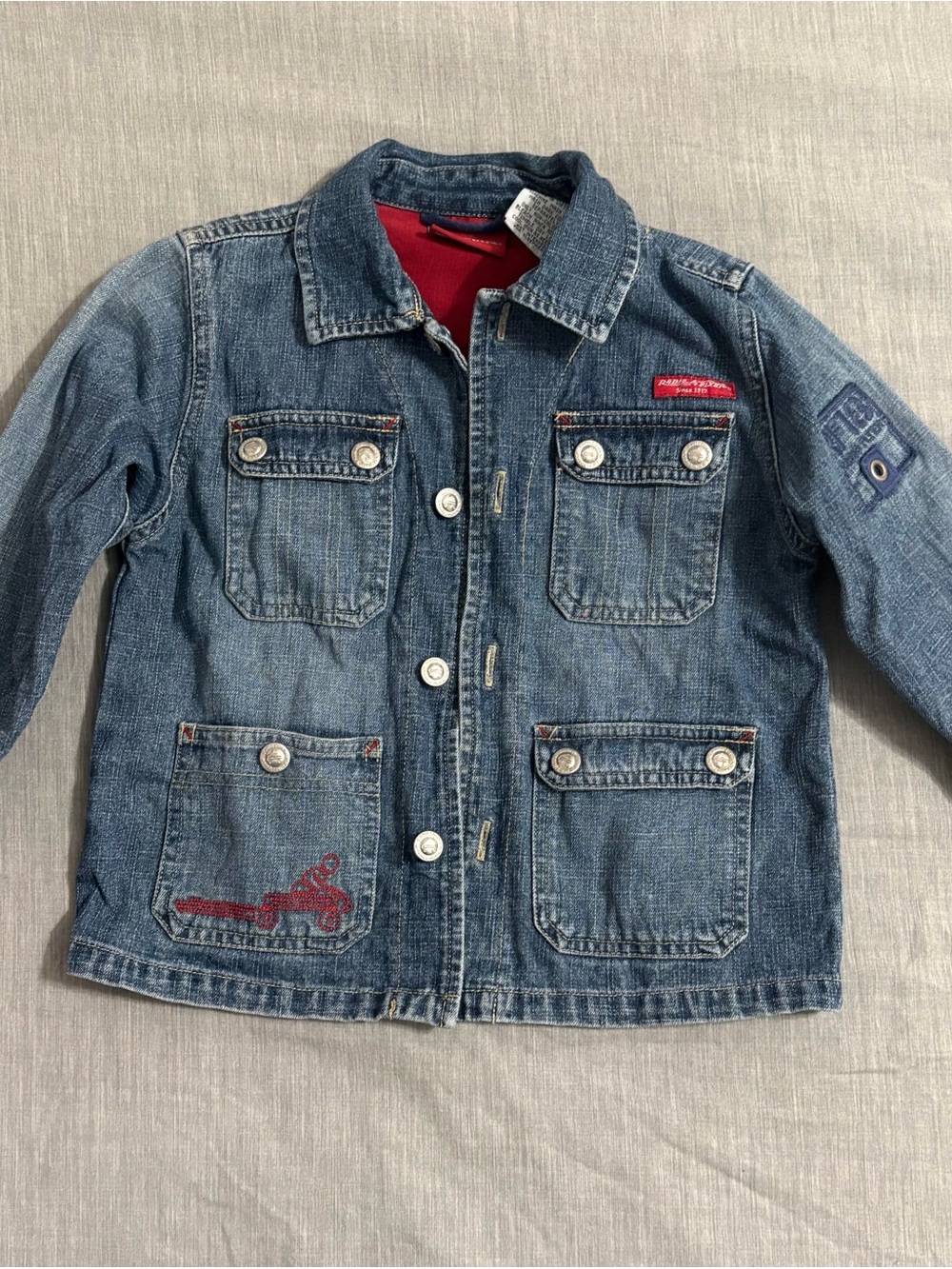 Radio Flyer Toddler Denim Jacket Size 3T Jean Utility Coat Red Lined Embroidered